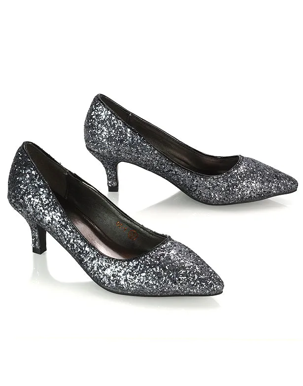 Gwyneth Womens Pointed Toe Stiletto Low Kitten Court Heel Pumps in Black Glitter sold by XYlondon product image thumbnail 3