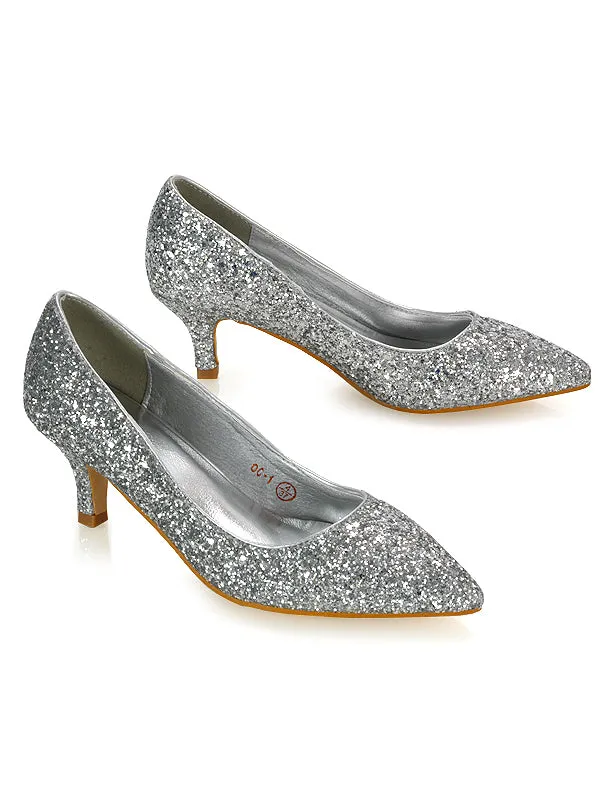 Gwyneth Pointed Toe Stiletto Low Kitten Court Heel Pumps in Silver Glitter sold by XYlondon product image thumbnail 3