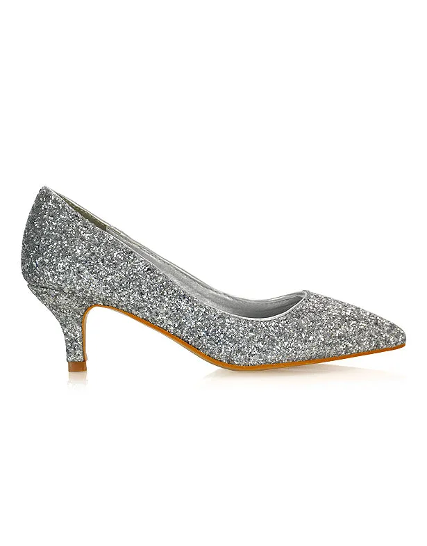 Gwyneth Pointed Toe Stiletto Low Kitten Court Heel Pumps in Silver Glitter sold by XYlondon product image thumbnail 2