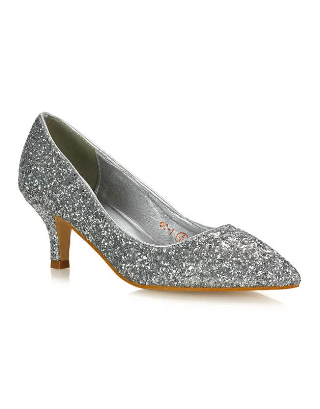 Gwyneth Pointed Toe Stiletto Low Kitten Court Heel Pumps in Silver Glitter sold by XYlondon