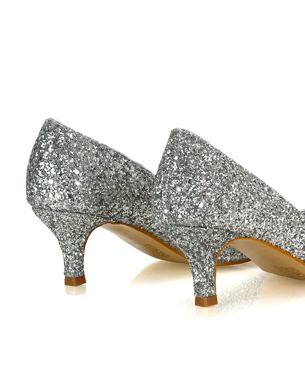 Gwyneth Pointed Toe Stiletto Low Kitten Court Heel Pumps in Silver Glitter sold by XYlondon product image thumbnail 5
