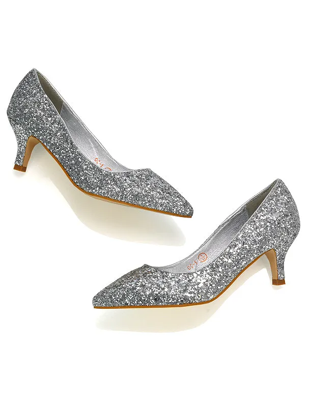 Gwyneth Pointed Toe Stiletto Low Kitten Court Heel Pumps in Silver Glitter sold by XYlondon product image thumbnail 4