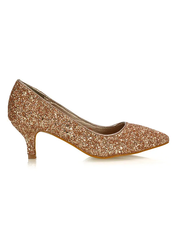 Gwyneth Pointed Toe Stiletto Low Kitten Court Heel Pumps in Rose Gold Glitter sold by XYlondon product image thumbnail 2
