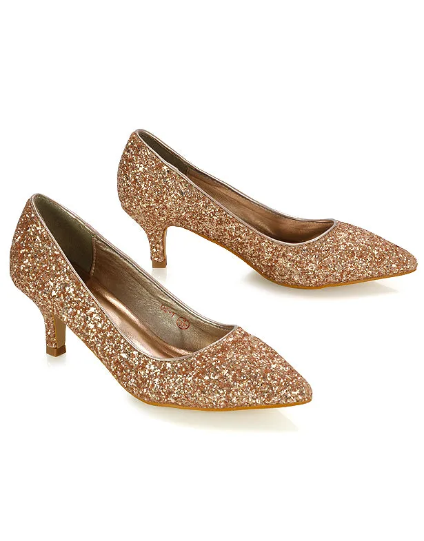 Gwyneth Pointed Toe Stiletto Low Kitten Court Heel Pumps in Rose Gold Glitter sold by XYlondon product image thumbnail 3