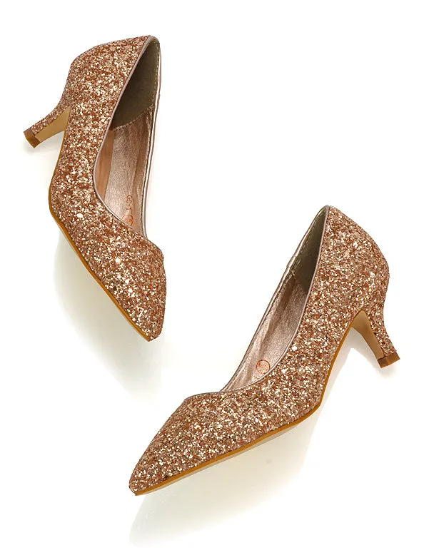 Gwyneth Pointed Toe Stiletto Low Kitten Court Heel Pumps in Rose Gold Glitter sold by XYlondon product image thumbnail 4