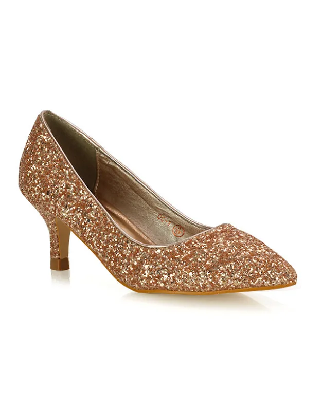 Gwyneth Pointed Toe Stiletto Low Kitten Court Heel Pumps in Rose Gold Glitter sold by XYlondon