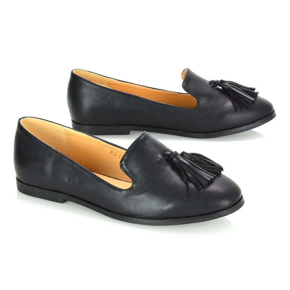 Betsy Slip on Pointed Toe Flat Tassel Detail Loafer Smart Shoes in Black PU sold by XYlondon product image thumbnail 3