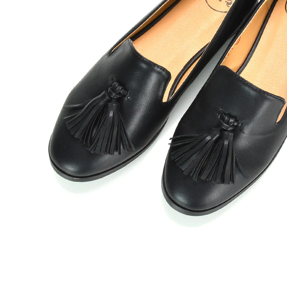 Betsy Slip on Pointed Toe Flat Tassel Detail Loafer Smart Shoes in Black PU sold by XYlondon product image thumbnail 4