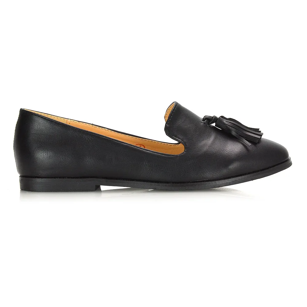 Betsy Slip on Pointed Toe Flat Tassel Detail Loafer Smart Shoes in Black PU sold by XYlondon product image thumbnail 2