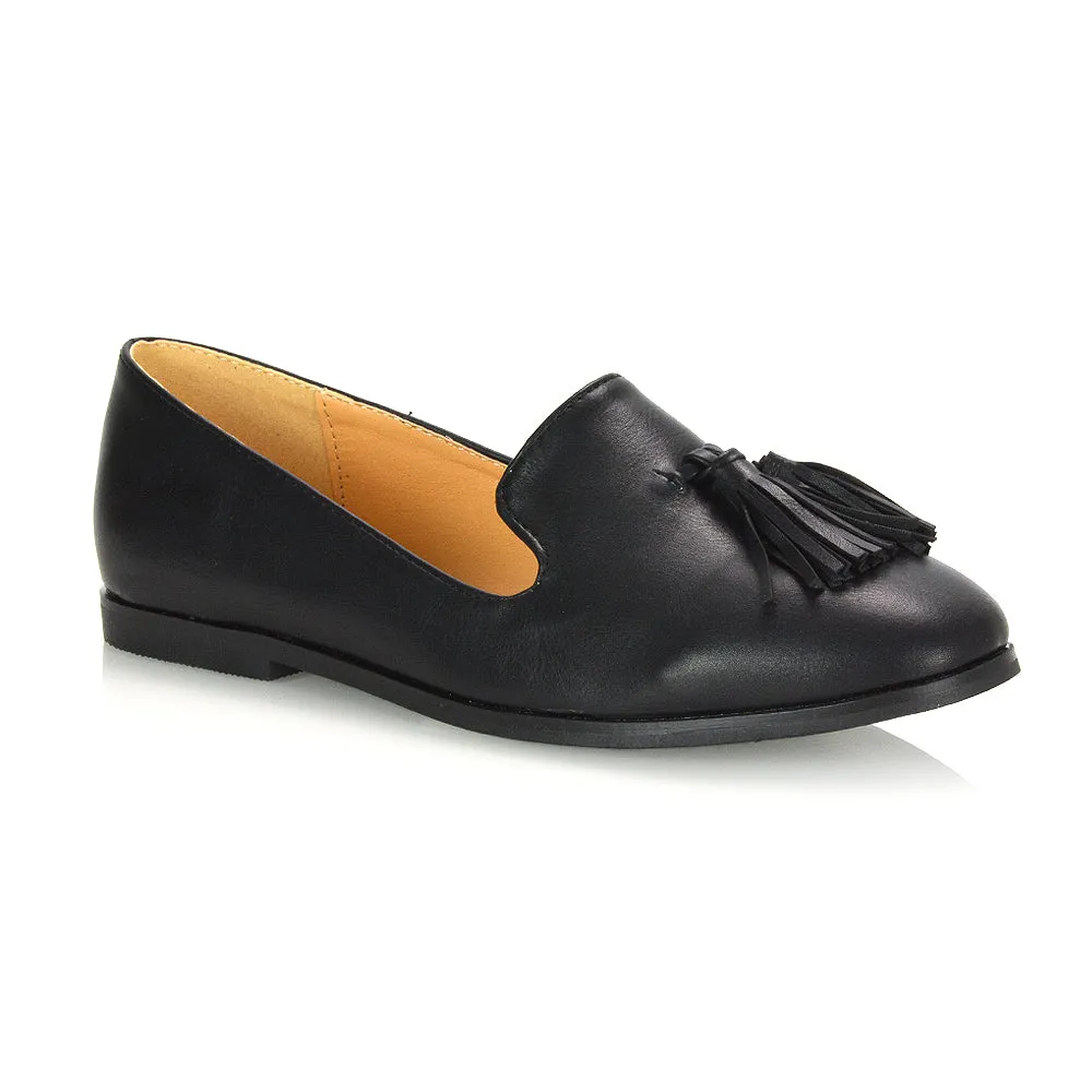 Betsy Slip on Pointed Toe Flat Tassel Detail Loafer Smart Shoes in Black PU sold by XYlondon
