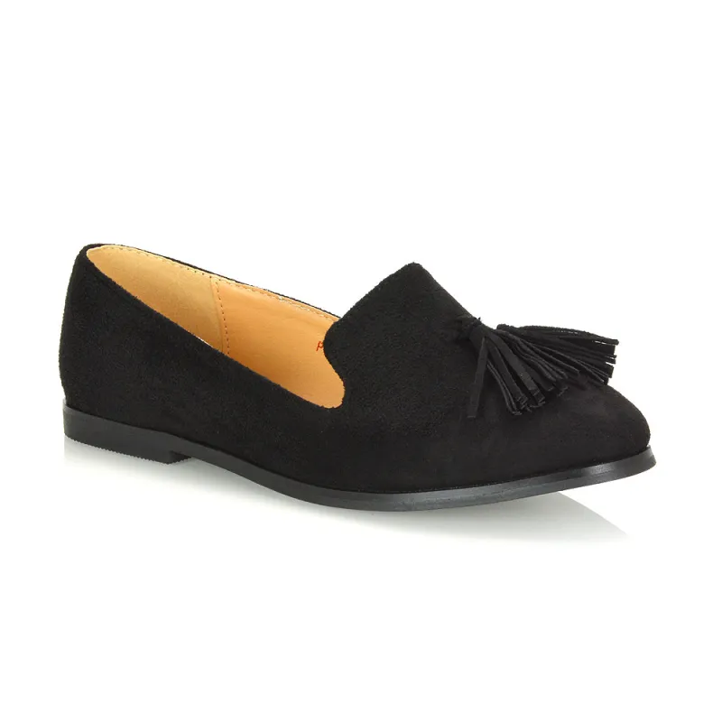 Betsy Slip on Pointed Toe Flat Tassel Detail Loafer Smart Shoes in Black Faux Suede sold by XYlondon