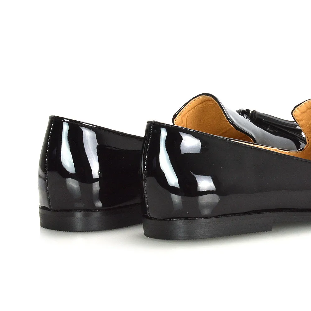 Betsy Slip on Pointed Toe Flat Tassel Detail Loafer Smart Shoes in Black Patent sold by XYlondon product image thumbnail 5