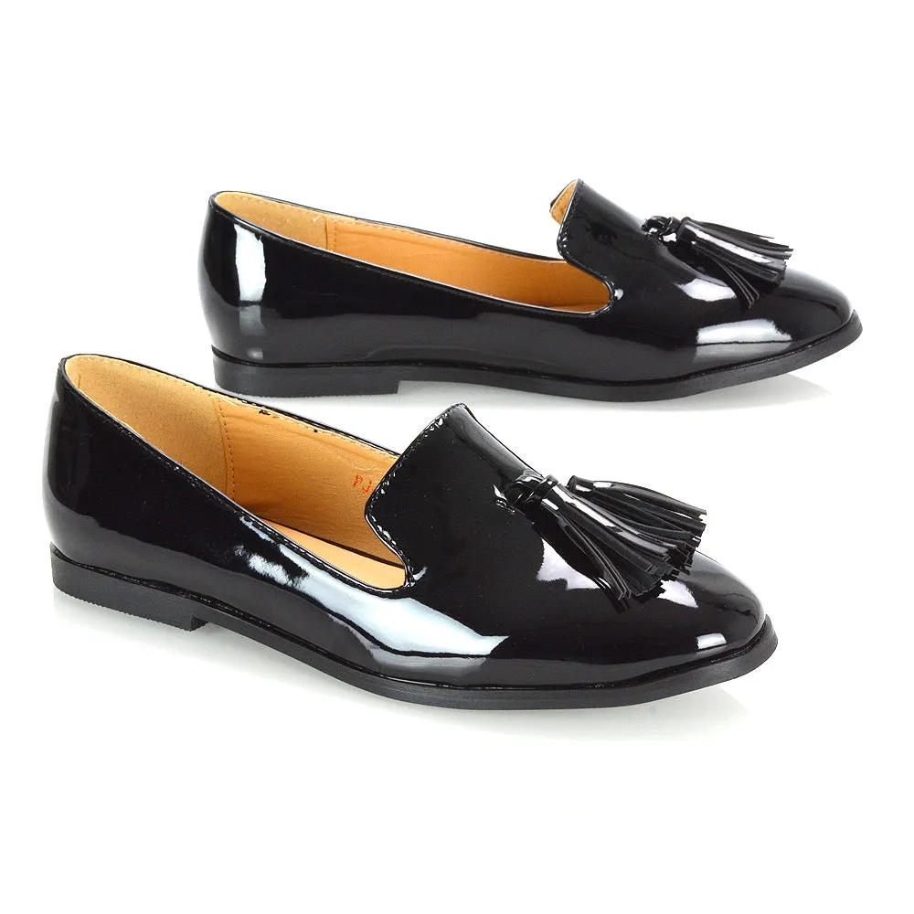 Betsy Slip on Pointed Toe Flat Tassel Detail Loafer Smart Shoes in Black Patent sold by XYlondon product image thumbnail 3