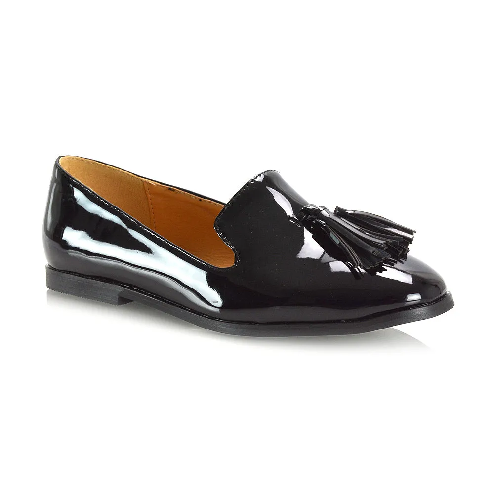 Betsy Slip on Pointed Toe Flat Tassel Detail Loafer Smart Shoes in Black Patent sold by XYlondon