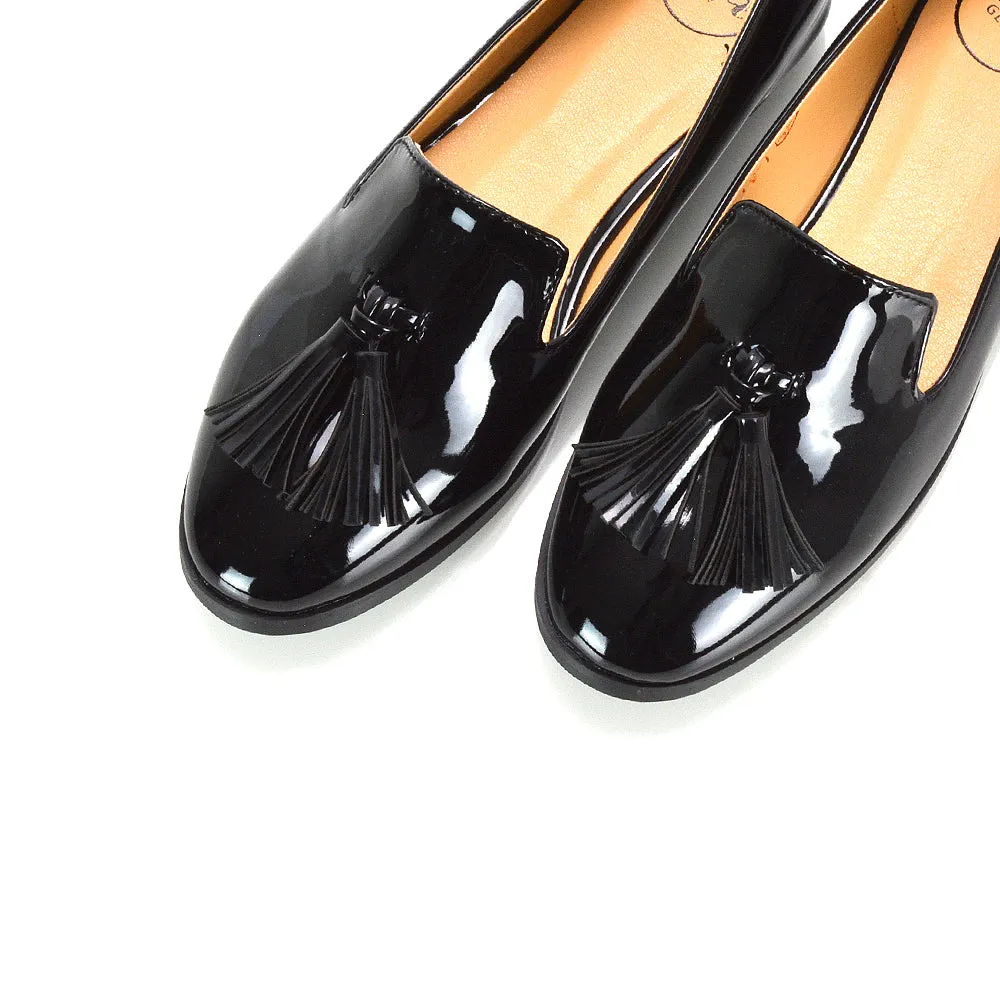 Betsy Slip on Pointed Toe Flat Tassel Detail Loafer Smart Shoes in Black Patent sold by XYlondon product image thumbnail 4