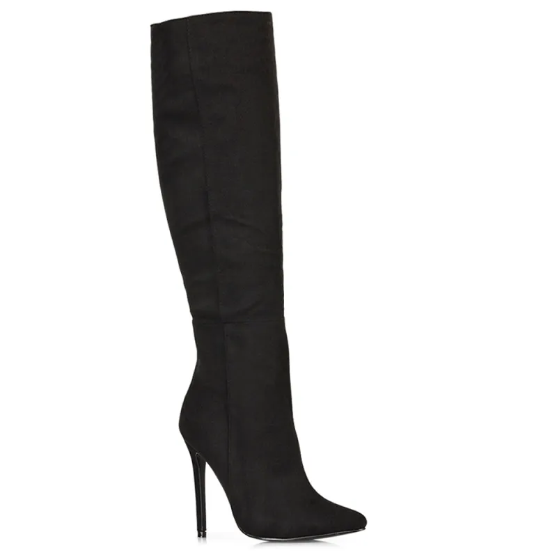 Nora Pointed Toe Zip Fastening Knee High Stiletto Heel Long Boots in Black Faux Suede sold by XYlondon