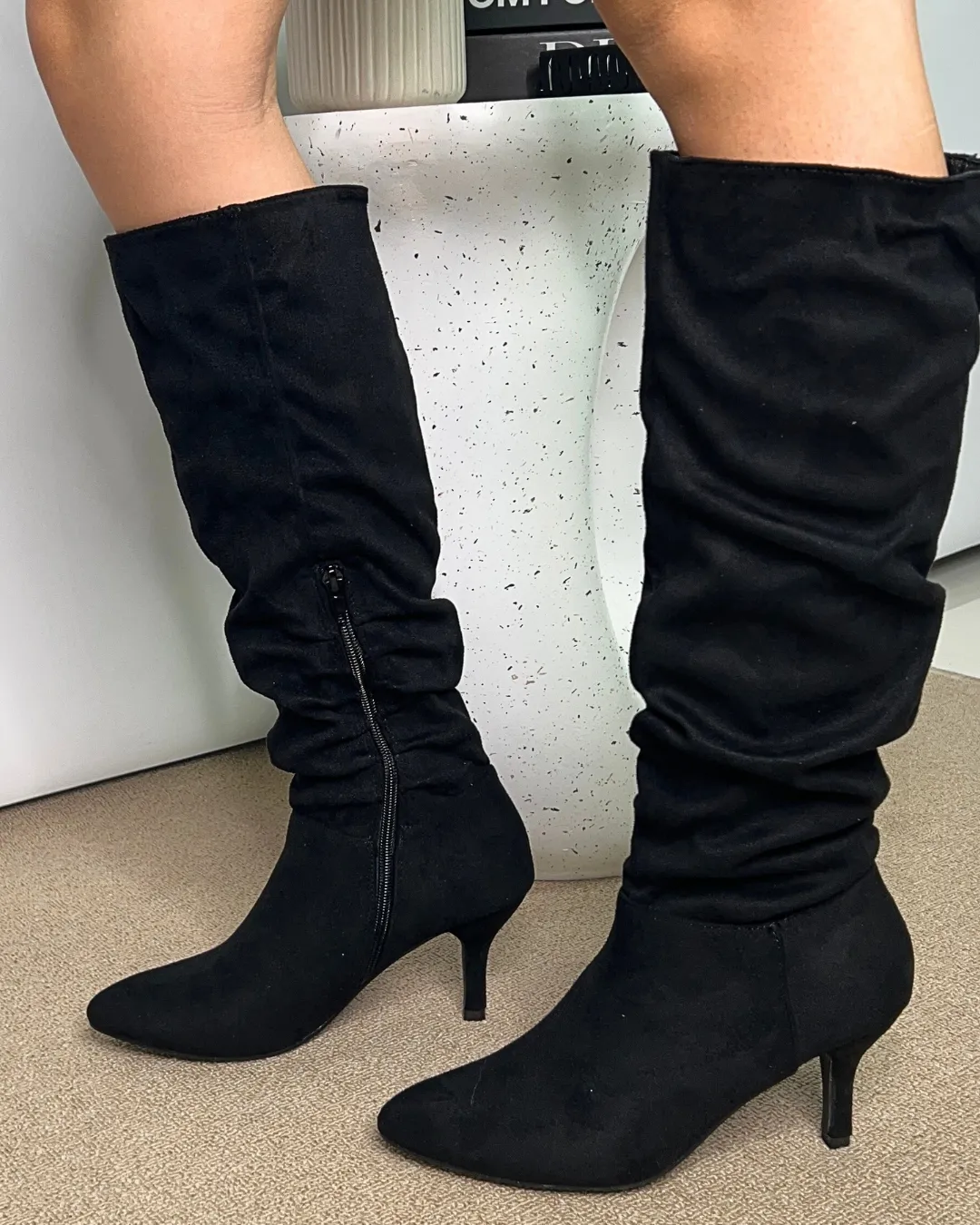 Sian Pointed Toe Knee High Ruched Stiletto High Heeled Long Boots in Black Faux Suede sold by XYlondon product image thumbnail 2