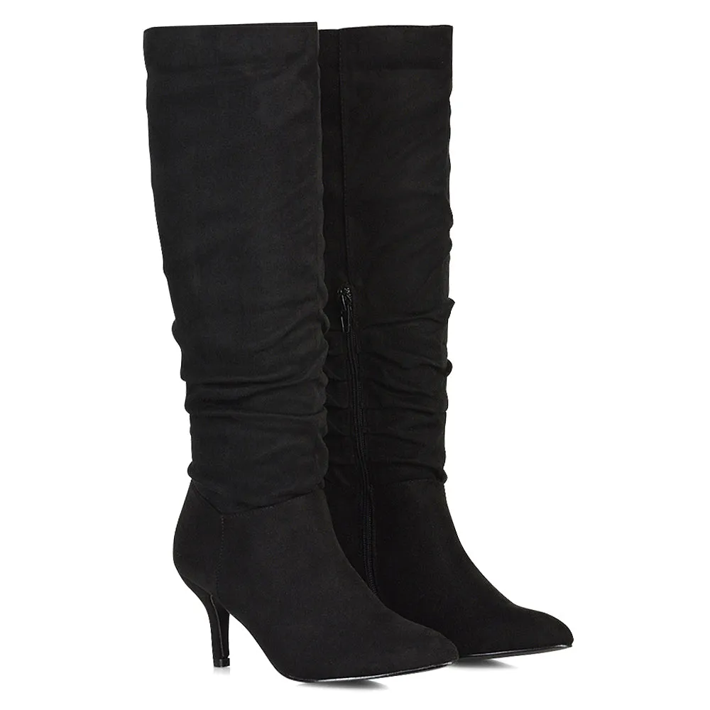 Sian Pointed Toe Knee High Ruched Stiletto High Heeled Long Boots in Black Faux Suede sold by XYlondon product image thumbnail 4
