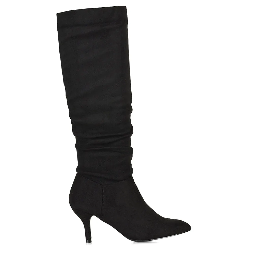 Sian Pointed Toe Knee High Ruched Stiletto High Heeled Long Boots in Black Faux Suede sold by XYlondon product image thumbnail 3