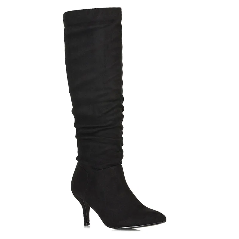 Sian Pointed Toe Knee High Ruched Stiletto High Heeled Long Boots in Black Faux Suede sold by XYlondon