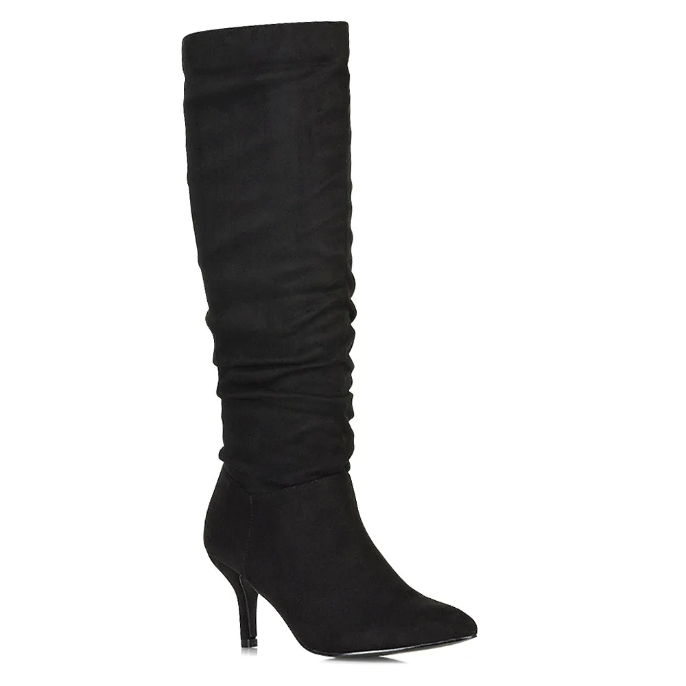 Sian Pointed Toe Knee High Ruched Stiletto High Heeled Long Boots in Black Faux Suede sold by XYlondon