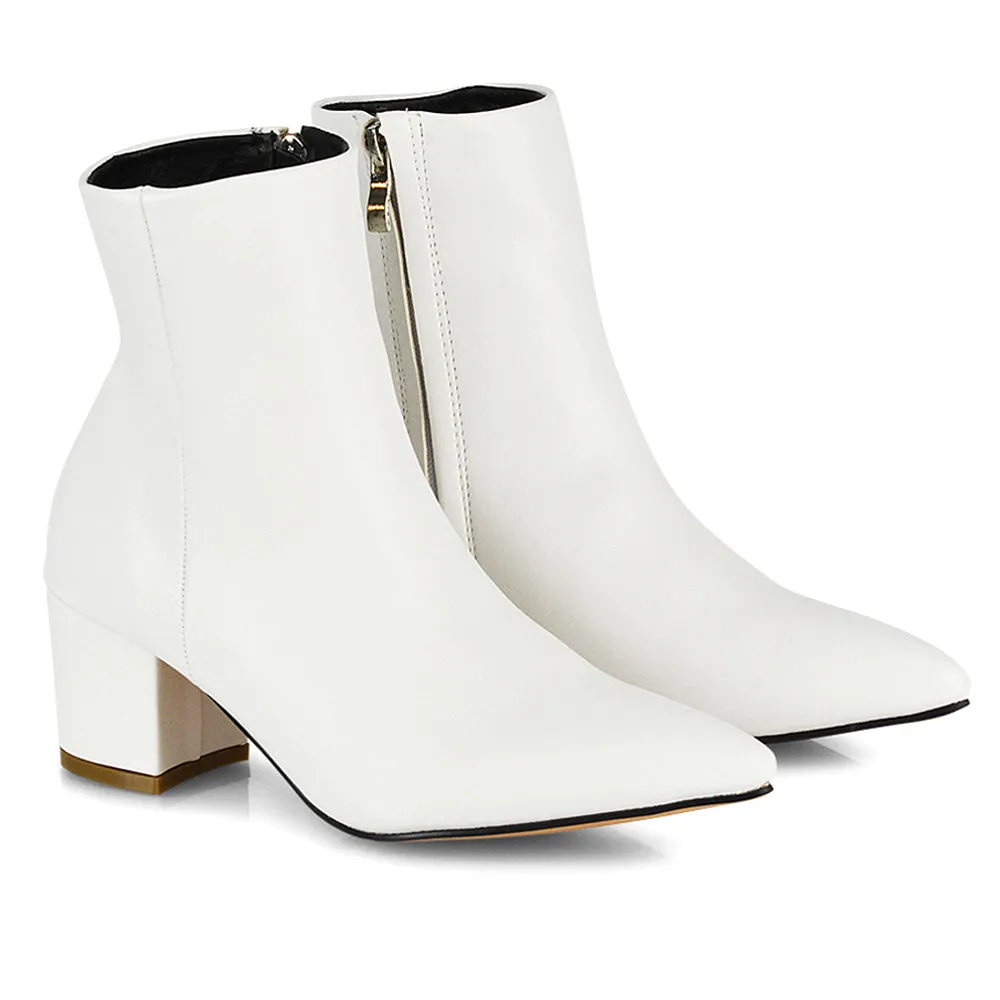 Ayda Pointed Toe inside Zip Detail Low Block Heel Ankle Boots in White Synthetic Leather sold by XYlondon
