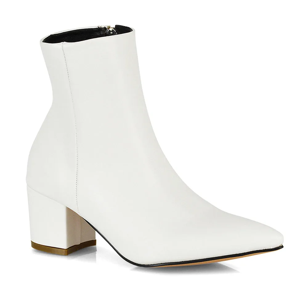 Ayda Pointed Toe inside Zip Detail Low Block Heel Ankle Boots in White Synthetic Leather sold by XYlondon product image thumbnail 2