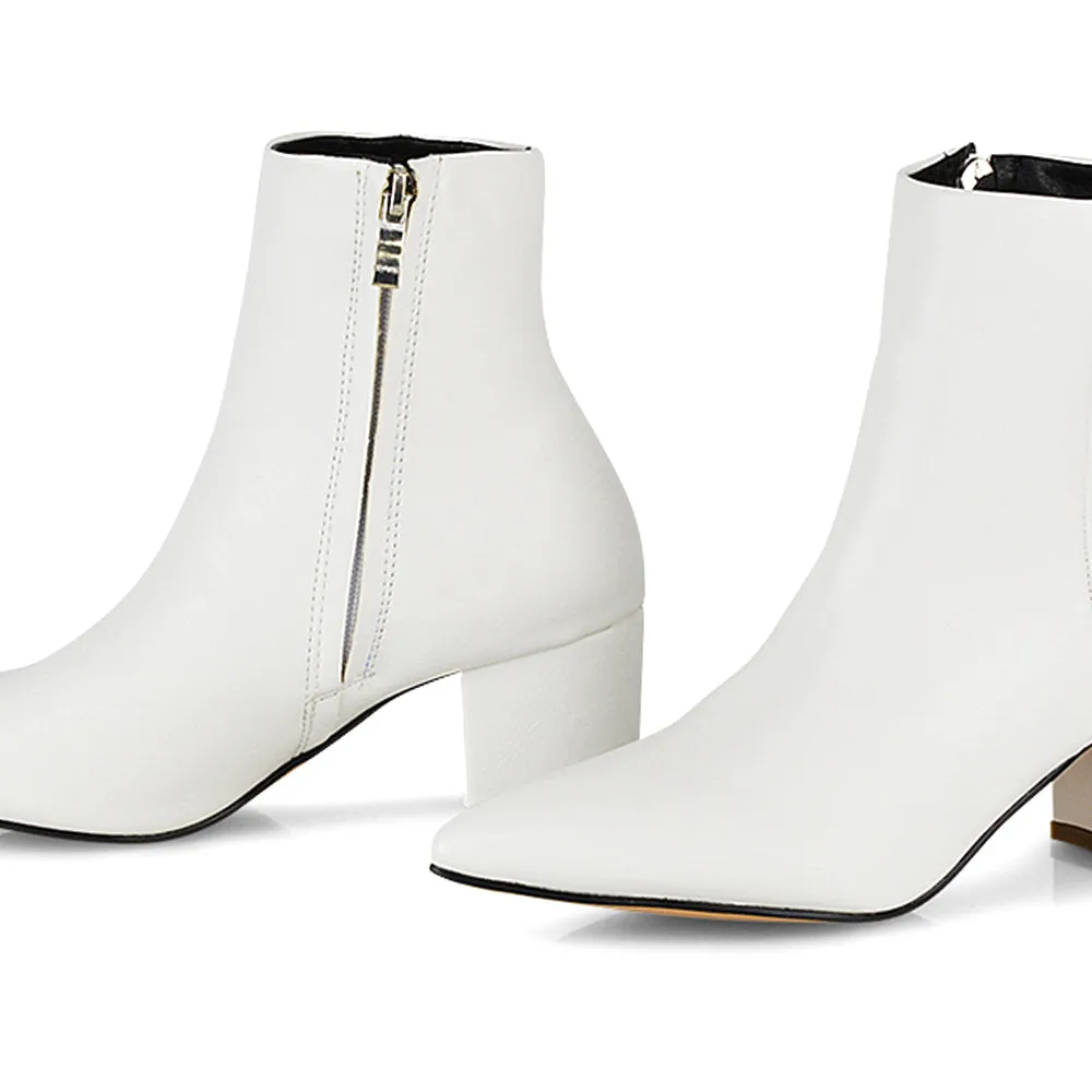 Ayda Pointed Toe inside Zip Detail Low Block Heel Ankle Boots in White Synthetic Leather sold by XYlondon product image thumbnail 4