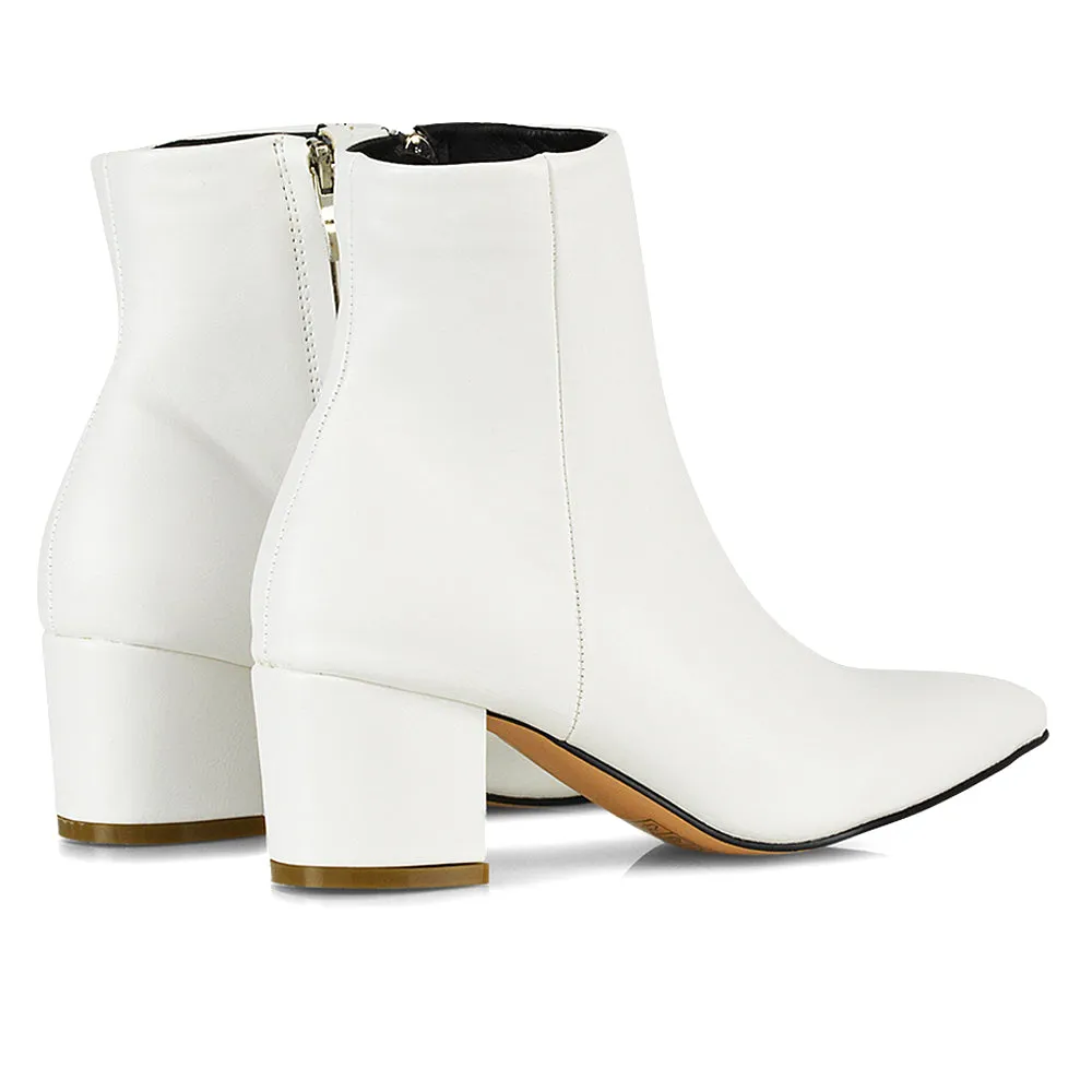 Ayda Pointed Toe inside Zip Detail Low Block Heel Ankle Boots in White Synthetic Leather sold by XYlondon product image thumbnail 5
