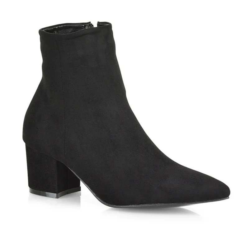 Ayda Pointed Toe inside Zip Detail Low Block Heel Ankle Boots in Black Faux Suede sold by XYlondon
