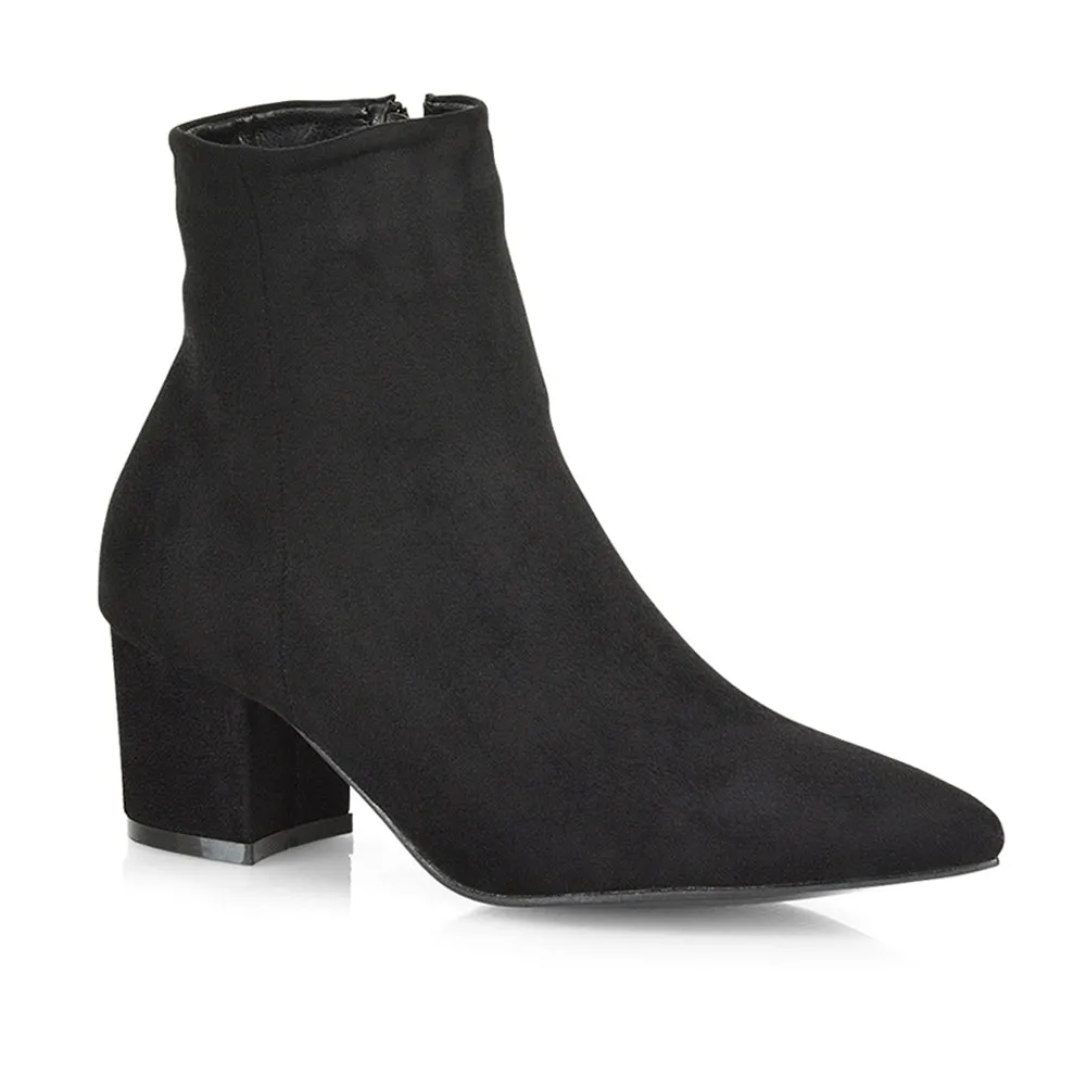 Ayda Pointed Toe inside Zip Detail Low Block Heel Ankle Boots in Black Faux Suede sold by XYlondon