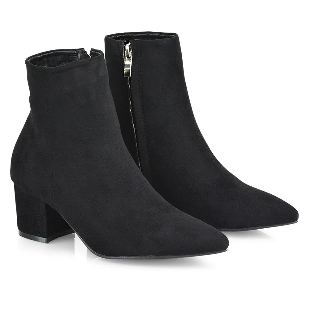 Ayda Pointed Toe inside Zip Detail Low Block Heel Ankle Boots in Black Faux Suede sold by XYlondon product image thumbnail 3