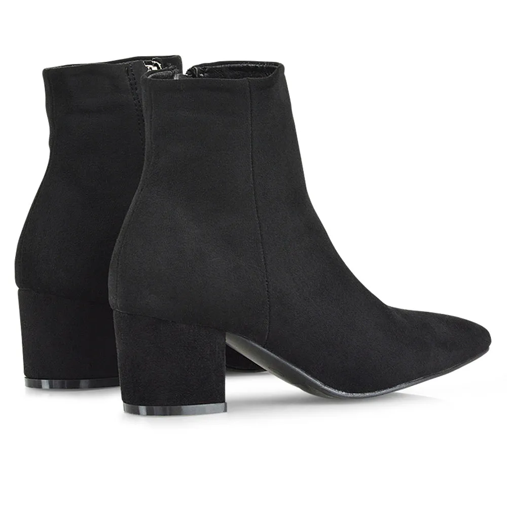 Ayda Pointed Toe inside Zip Detail Low Block Heel Ankle Boots in Black Faux Suede sold by XYlondon product image thumbnail 5