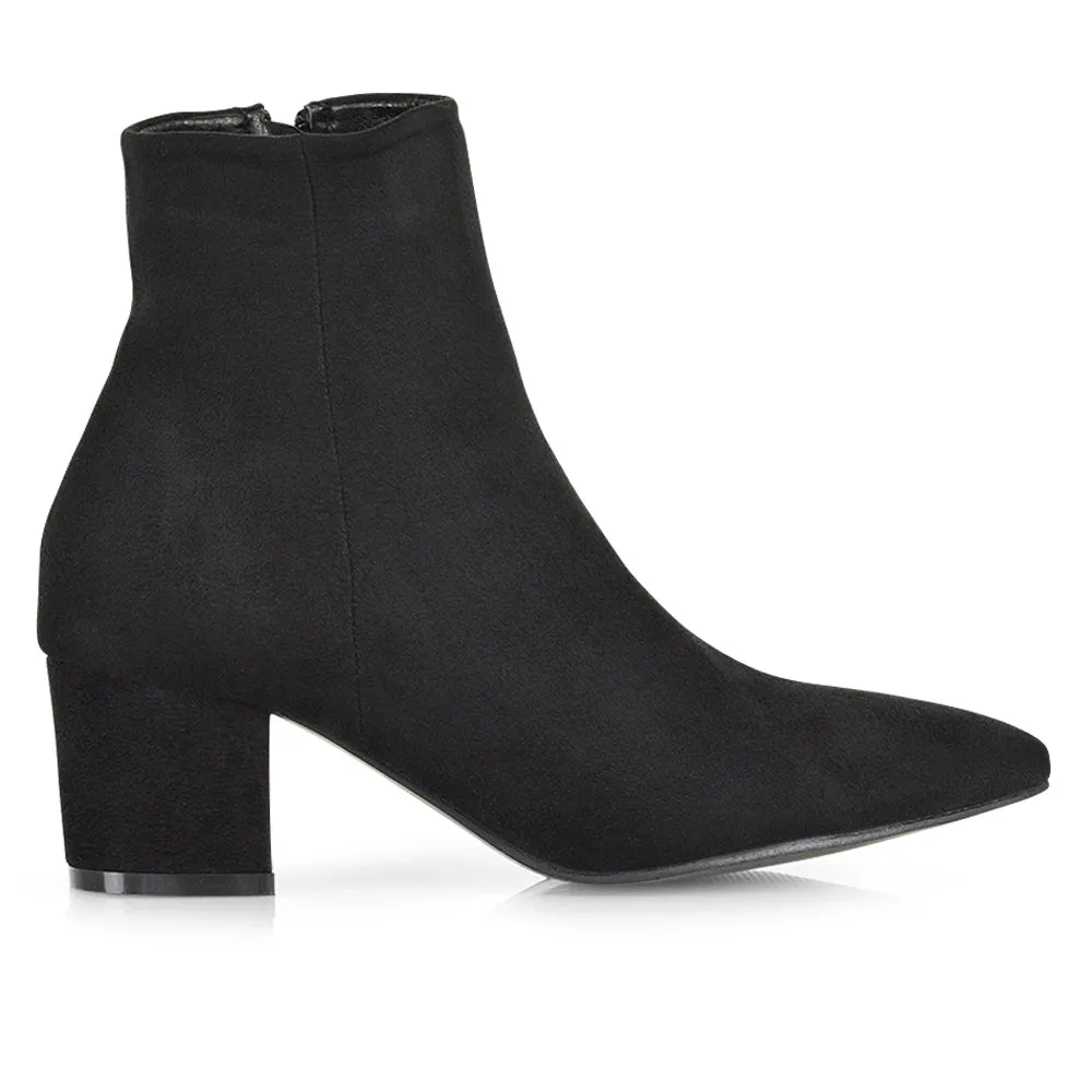 Ayda Pointed Toe inside Zip Detail Low Block Heel Ankle Boots in Black Faux Suede sold by XYlondon product image thumbnail 2