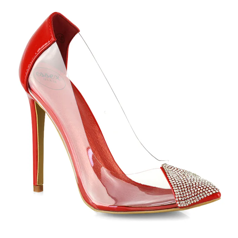Kaz Diamante Detail Pointed Toe Perspex Stiletto Court Heel Sandals in Red sold by XYlondon