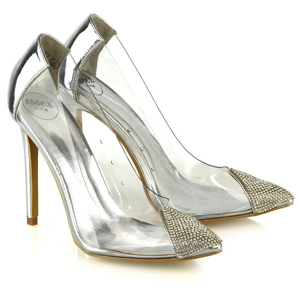 Kaz Diamante Detail Pointed Toe Perspex Stiletto Court Heel Sandals in Silver sold by XYlondon product image thumbnail 3