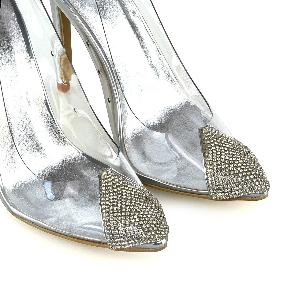 Kaz Diamante Detail Pointed Toe Perspex Stiletto Court Heel Sandals in Silver sold by XYlondon product image thumbnail 4