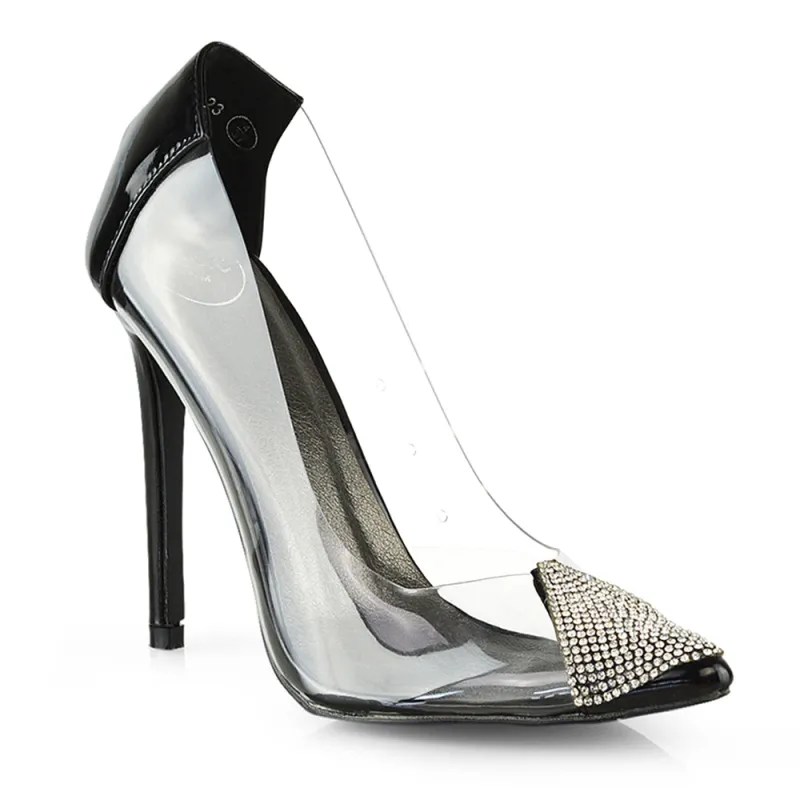 Kaz Diamante Detail Pointed Toe Perspex Stiletto Court Heel Sandals in Black made by XYlondon