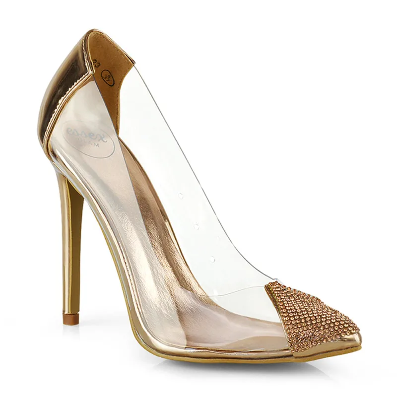 Kaz Diamante Detail Pointed Toe Perspex Stiletto Court Heel Sandals in Rose Gold made by XYlondon