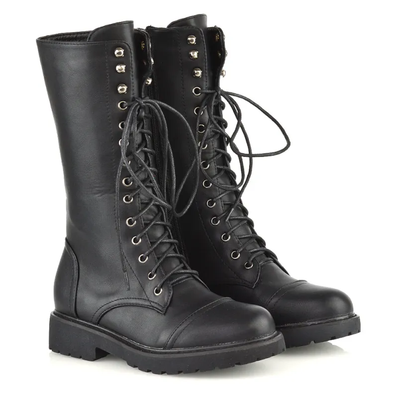 Mulan Knee High Chunky Mid-Calf Military Lace up Combat Boots in Black Synthetic Leather sold by XYlondon