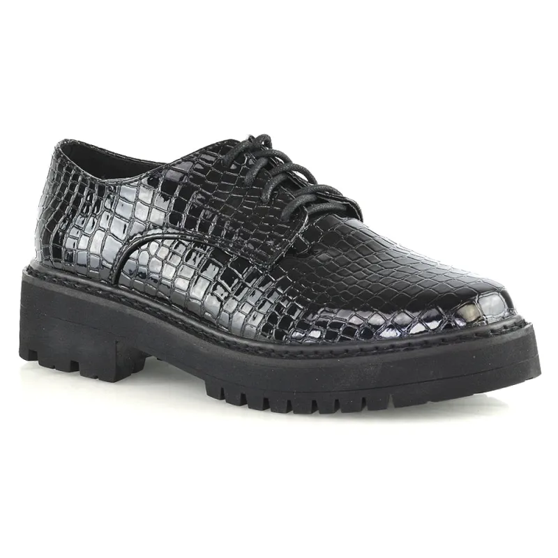 Emilia Lace up Flats Chunky Sole Low Platform Block Heel Brogues in Black Croc made by XYlondon