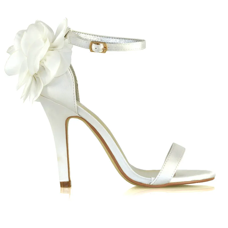 Zola Flower Detail Open Toe Buckle Strappy Bridal High Stiletto Heels in Ivory sold by XYlondon