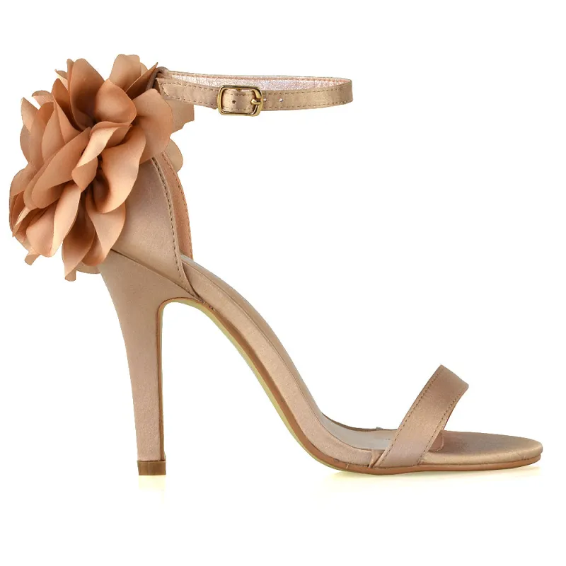 Zola Flower Detail Open Toe Buckle Strappy Bridal High Stiletto Heels in Champagne made by XYlondon