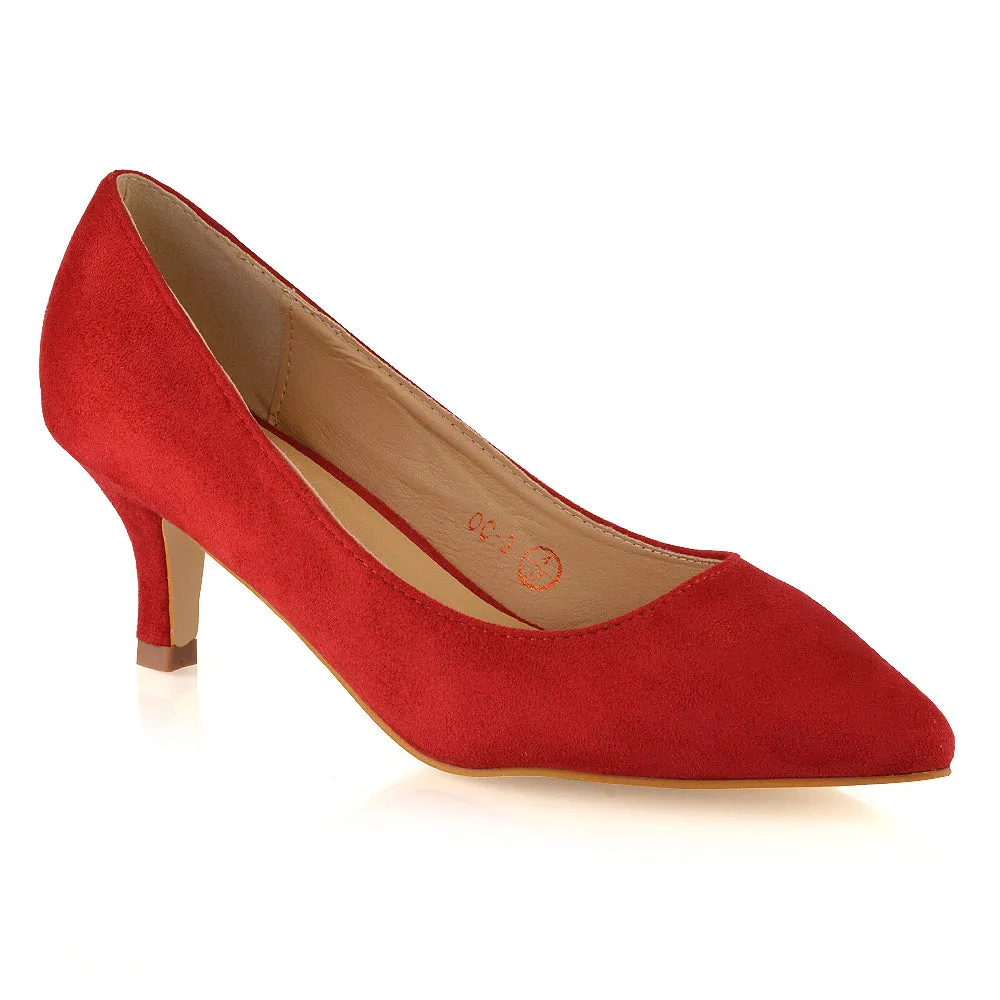 Cali Pointed Toe Slip on Low Stiletto Kitten High Heel Court Shoes in Red sold by XYlondon