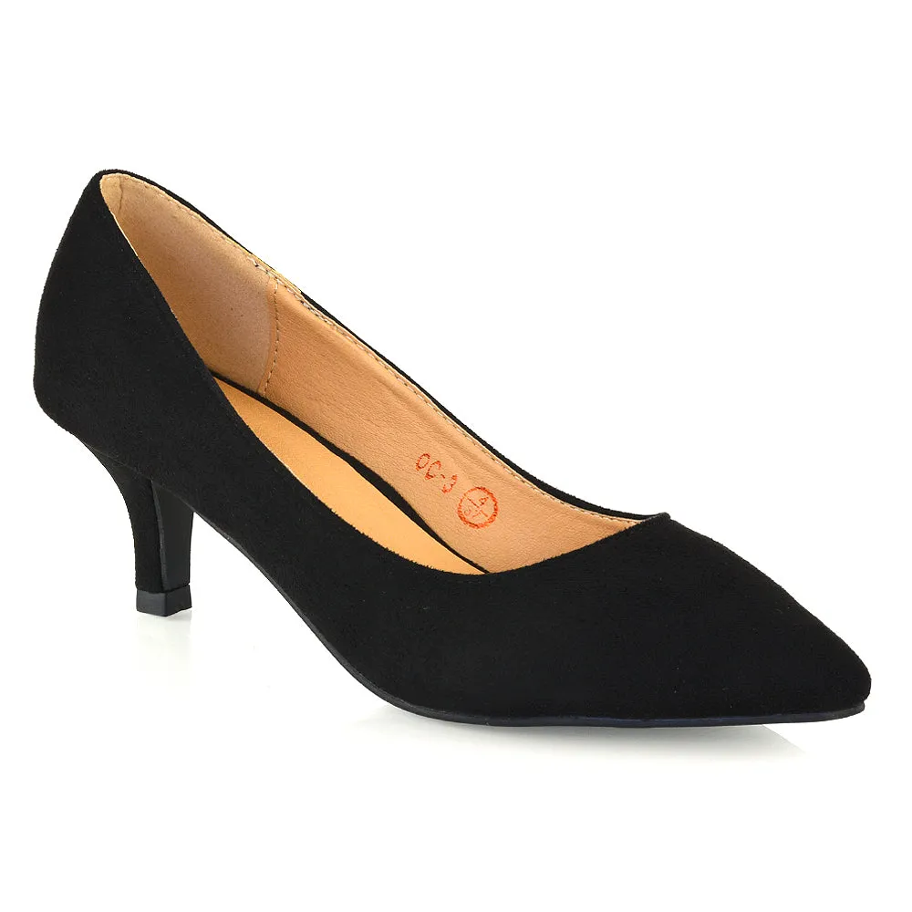 Cali Pointed Toe Slip on Low Stiletto Kitten High Heel Court Shoes in Black sold by XYlondon