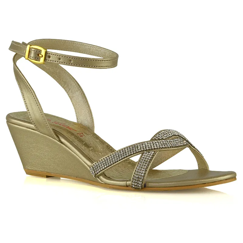 Livvy Diamante Embellished Low Heel Cross Over Strappy Wedge Sandals in Gold sold by XYlondon