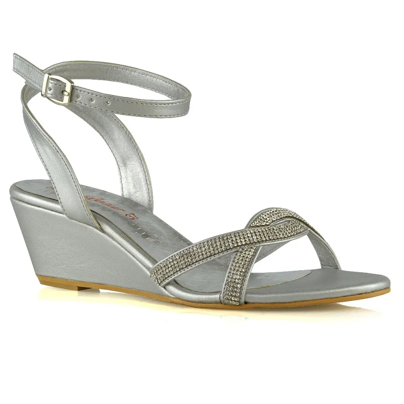 Livvy Diamante Embellished Low Heel Cross Over Strappy Wedge Sandals in Silver sold by XYlondon