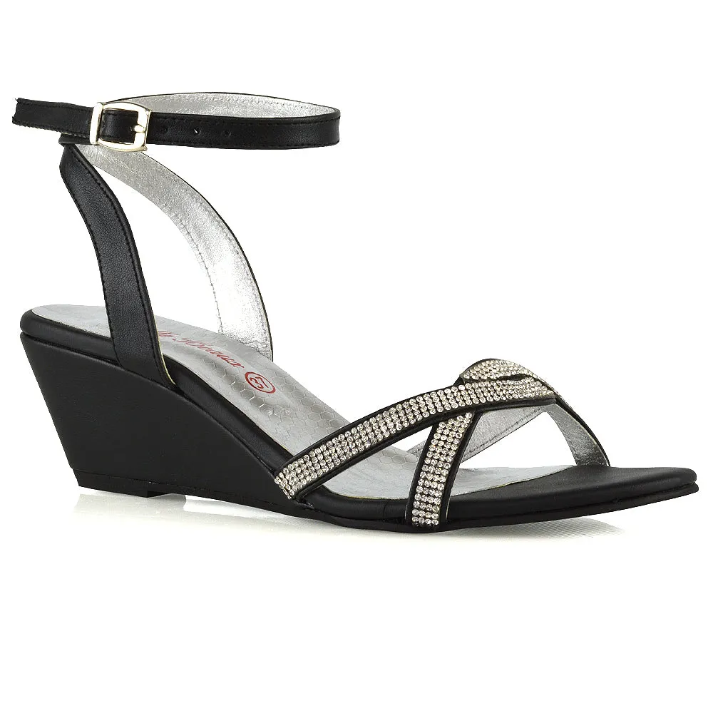 Livvy Diamante Embellished Low Heel Cross Over Strappy Wedge Sandals in Black sold by XYlondon
