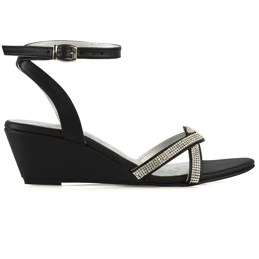 Livvy Diamante Embellished Low Heel Cross Over Strappy Wedge Sandals in Black sold by XYlondon product image thumbnail 2