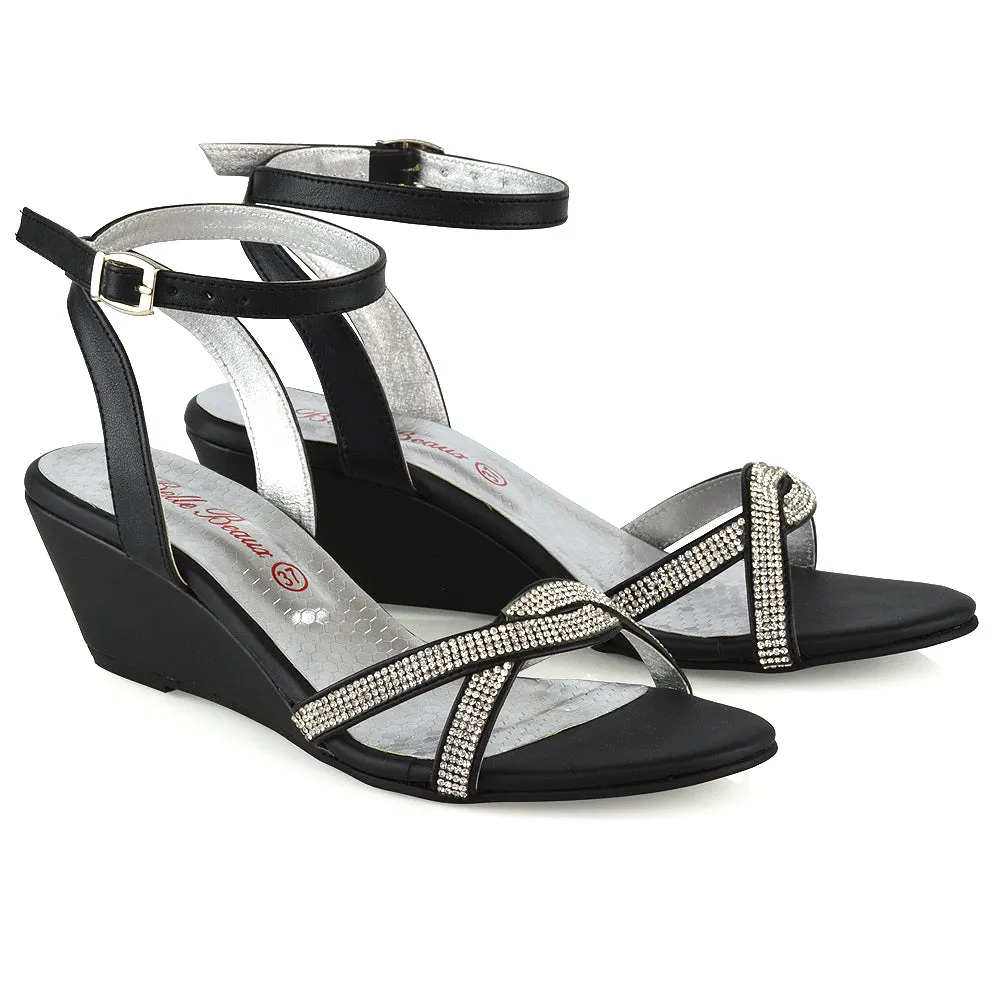Livvy Diamante Embellished Low Heel Cross Over Strappy Wedge Sandals in Black sold by XYlondon product image thumbnail 3